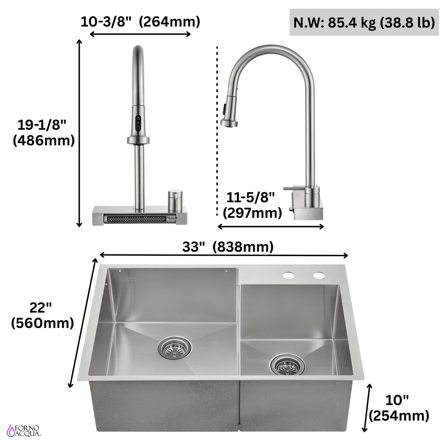 FORNO ACQUA 33 in. Drop-In/Undermount 40/60 Double Bowl Stainless Steel Sink with Waterfall Faucet - Forno Appliances