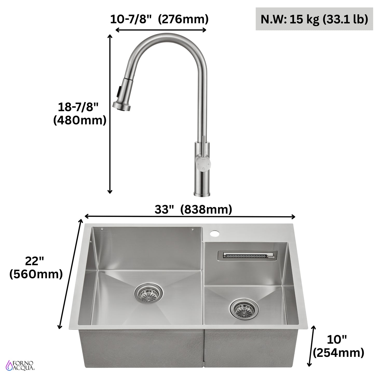 FORNO ACQUA 33 in. Drop-In/Undermount 40/60 Double Bowl Sink with Retractable Faucet & Waterfall - Forno Appliances