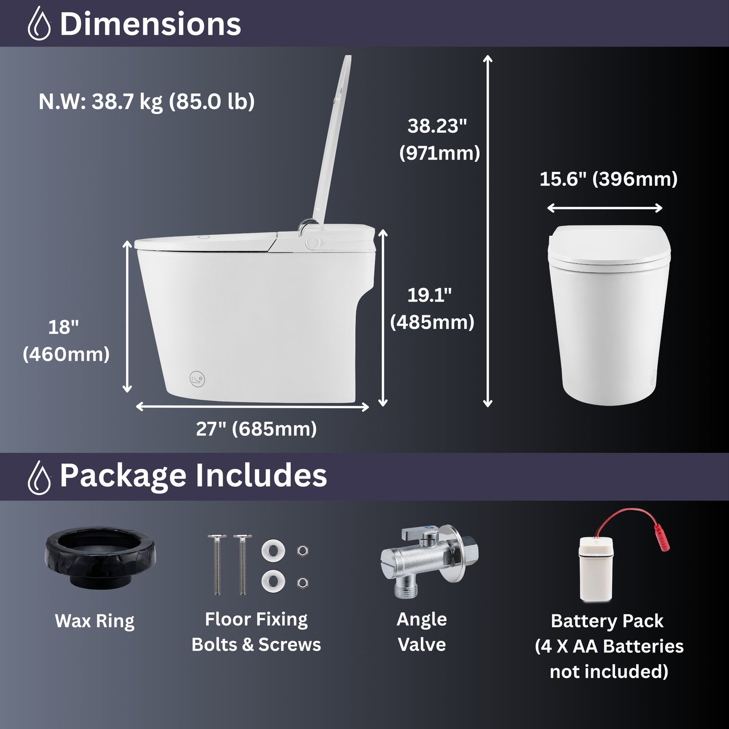 FORNO ACQUA Inodoro Inteligente de Lujo. Incluye Descarga Automática, Descarga Potente, diseño elegante sin tanque Ideal para Tocadores.