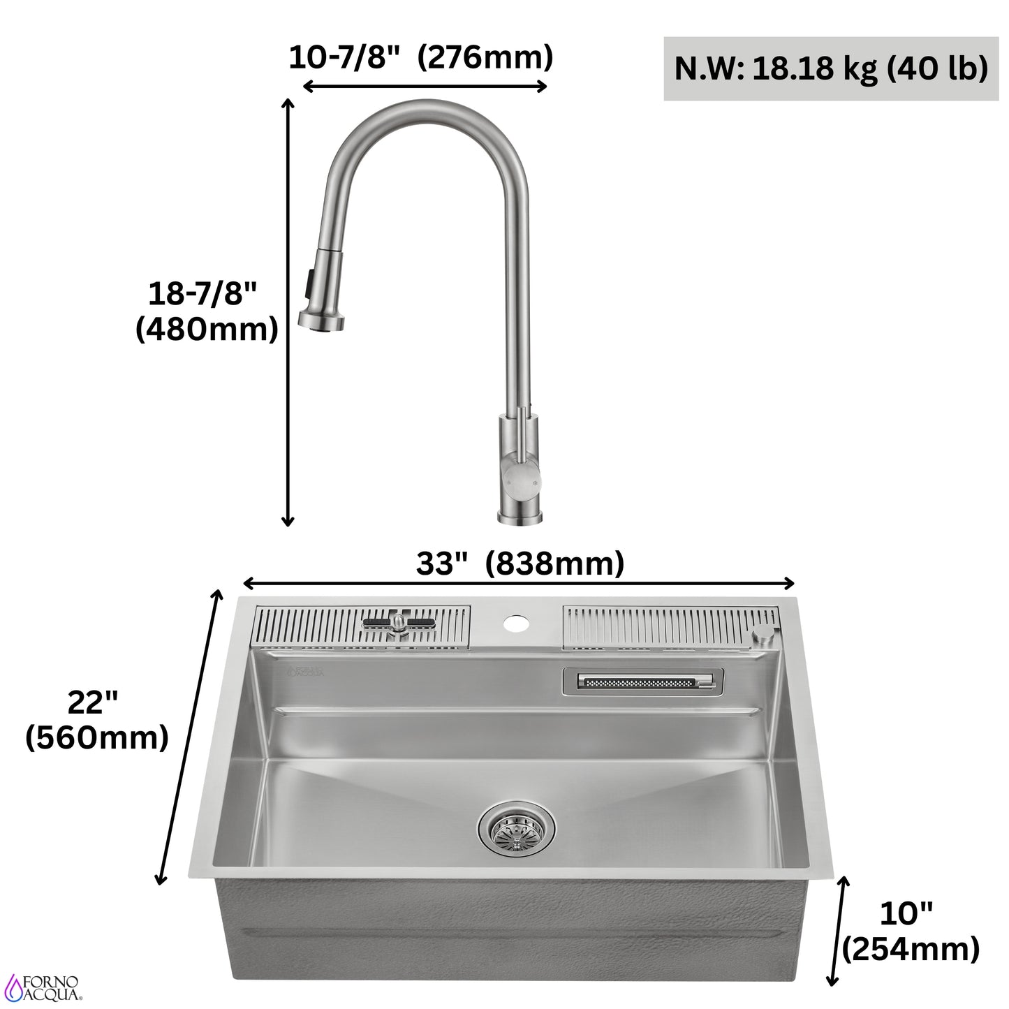 FORNO ACQUA 33 in. Drop-In/Undermount 3-Level Workstation Sink with Faucet, Waterfall & Glass Rinser - Forno Appliances
