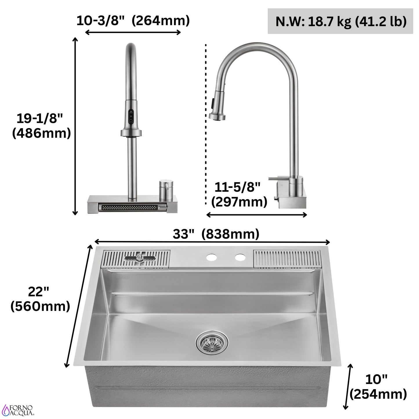 FORNO ACQUA 33 in. Drop-In/Undermount MultiSINK Workstation Sink with Waterfall Faucet & Glass Rinser - Forno Appliances