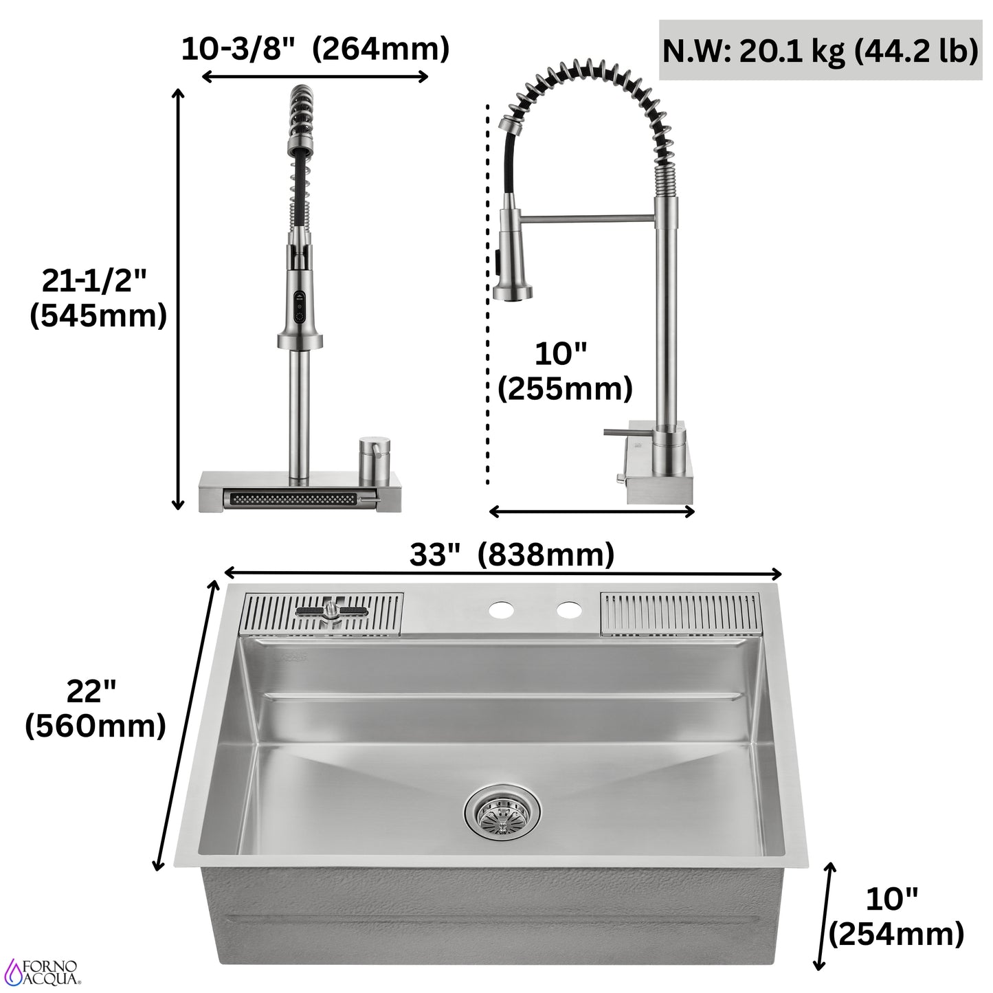 FORNO ACQUA 33 in. Drop-In/Undermount 3-Level MultiSINK Workstation Sink with Waterfall Faucet & Glass Rinser - Forno Appliances