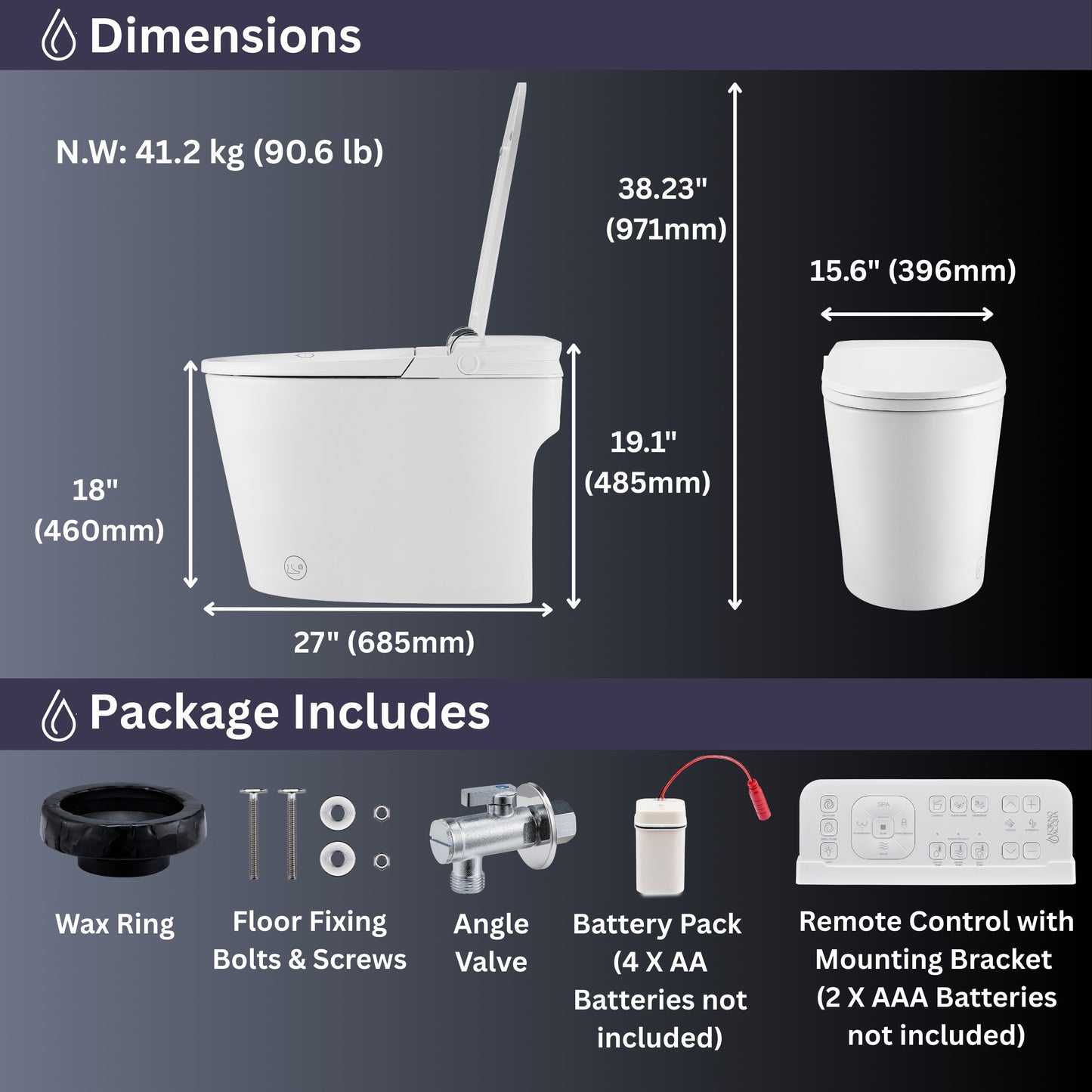 FORNO ACQUA Luxueuses toilettes super intelligentes. Comprend un bidet, un siège chauffant, une chasse d'eau automatique, un couvercle automatique, une chasse d'eau puissante, idéal pour les salles de bains principales.