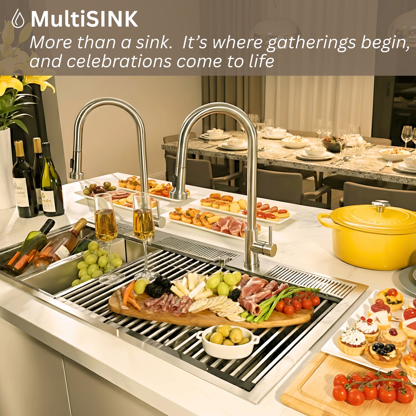 Évier de poste de travail à encastrer/sous-plan 45 po à 3 niveaux avec deux robinets FORNO ACQUA & rince-verres