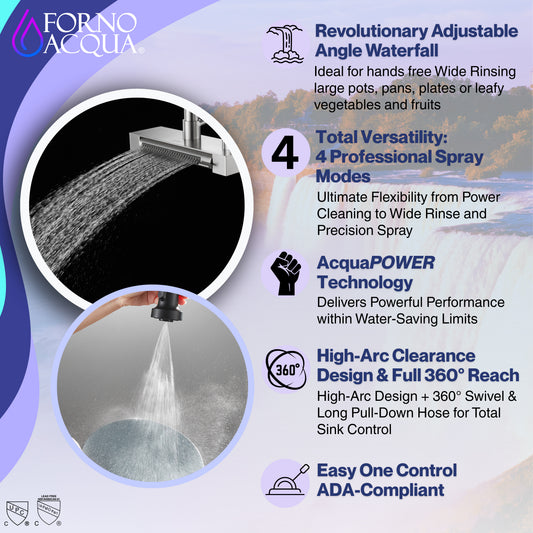 FORNO ACQUA 4 Function Waterfall Pull-Down Kitchen Faucet - Forno Appliances