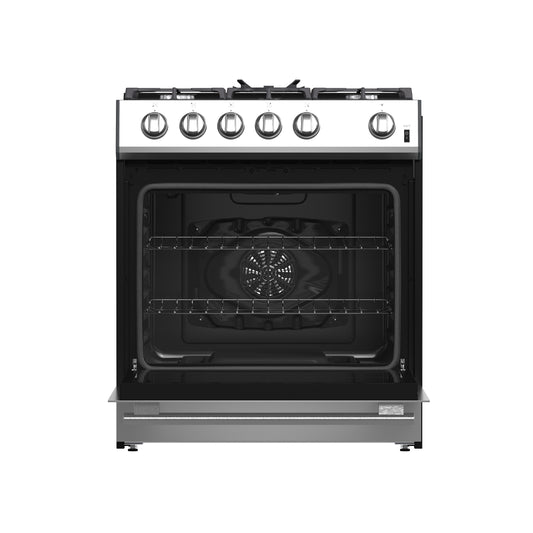 Forno Leonardo Cocina a Gas de Acero Inoxidable de 30 Pulgadas, 5 Quemadores Sellados (Total 39,500 BTU), Horno de Convección de 5 pies cúbicos, Parrillas Continuas de Hierro Fundido, Interior de Esmalte Negro, Re-ignición Automática, Kit de Conversión a