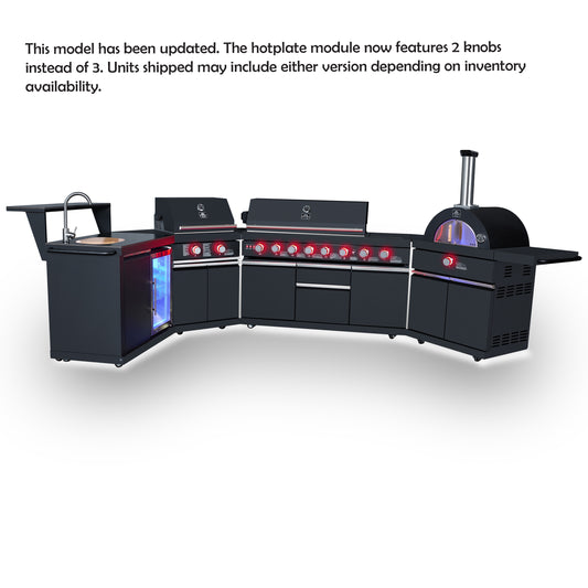 Cuisine extérieure Forno All'Aperto 99 600 BTU, 5 brûleurs, brûleurs infrarouges, brûleur latéral, comptoirs en pierre frittée noire, four à pizza à gaz, module évier, bar & Centre de boissons