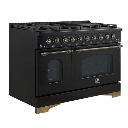 Cuisinière bi-énergie Forno Antico de 48 po, noire avec finition laiton antique, 8 brûleurs, 94 000 BTU, doubles fours de 5,5 pi³ et plaque chauffante - Forno Appliances