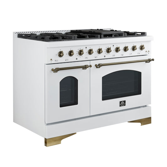 Cuisinière mixte Forno Antico 48 pouces, blanche finition laiton vieilli, 8 brûleurs, 94 000 BTU, doubles fours 5,5 cu.ft. et plaque de cuisson - Forno Appliances