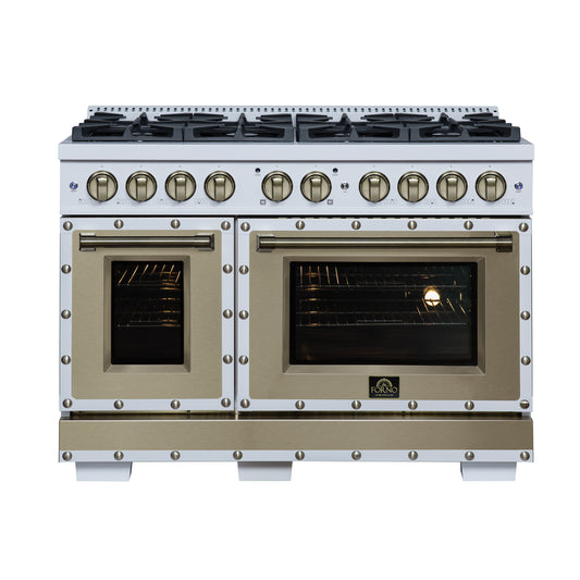 Valente 48" Dual Fuel Range in White, 8 Sealed Burners, 94 000 BTU Cooktop Output, 6.7 Cu.Ft. Double Oven, Telescopic Racks - Forno Appliances