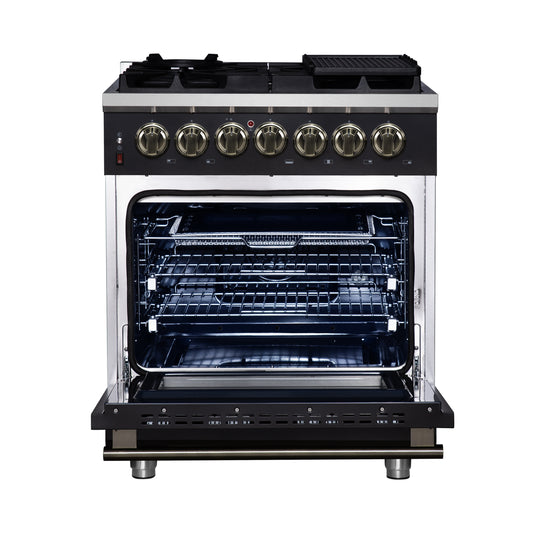 Forno Massimo Cuisinière autonome double combustible 30 pouces en noir avec accessoires en laiton antique, 4 brûleurs, four à convection de 4,32 pi³