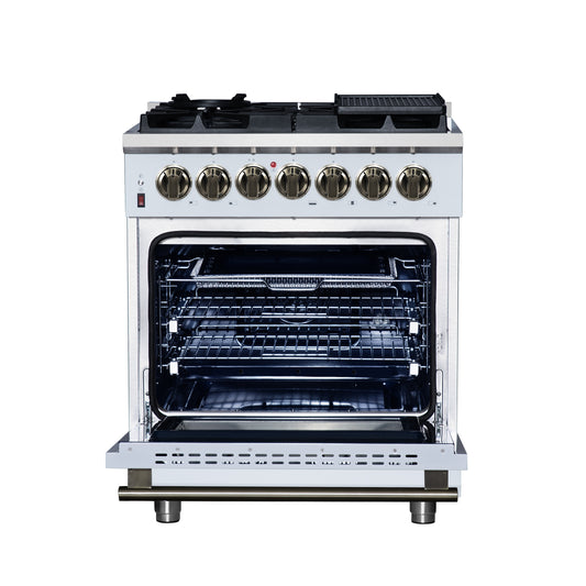Cuisinière biénergie autoportante Forno Massimo de 30 pouces en blanc avec accessoires en laiton antique, 4 brûleurs, 4,32 pi³ Four à convection