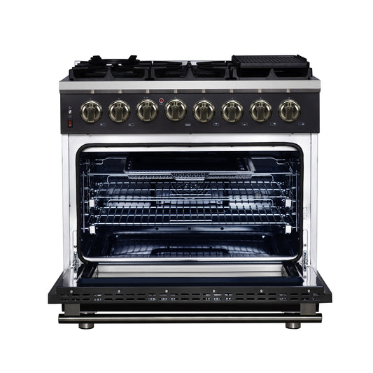 Cuisinière bi-énergie autonome Forno Massimo de 36 pouces, noire, avec accessoires en laiton antique, 6 brûleurs et four à convection de 5,36 pi³.