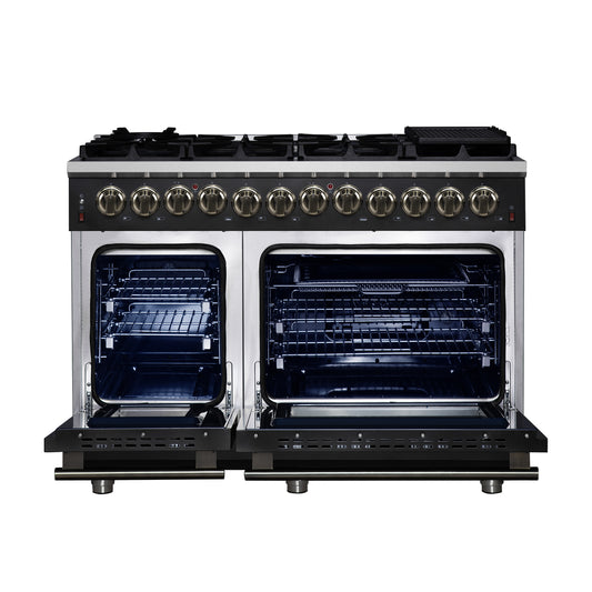 Cuisinière biénergie autoportante Forno Massimo de 48 pouces en noir avec accessoires en laiton antique, 8 brûleurs, 6,58 pi³ Four à convection