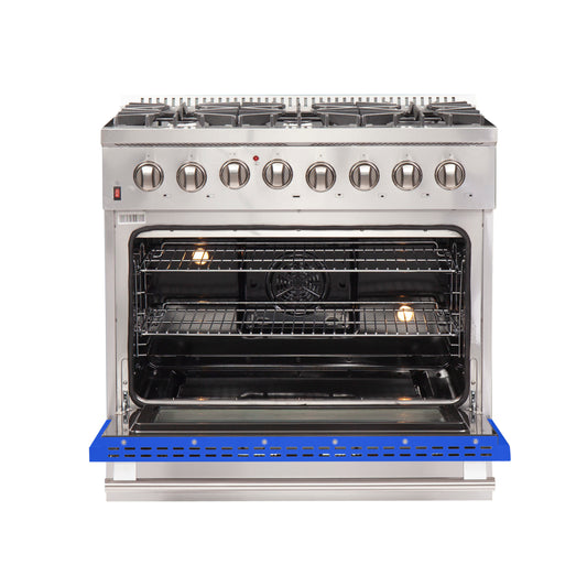 Forno Galiano Cuisinière biénergie autoportante de 36 pouces, 6 brûleurs, fours à double convection, porte bleue