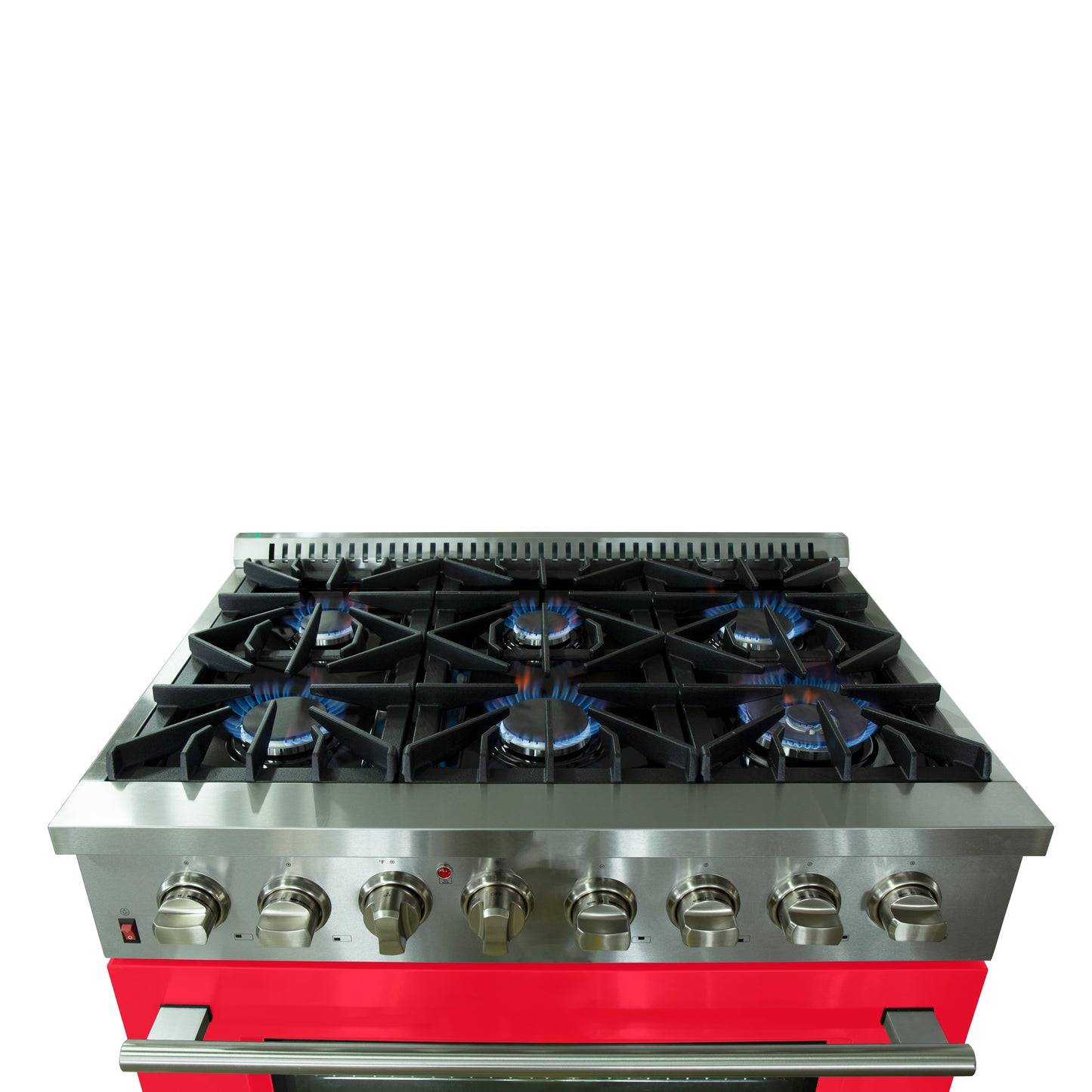 Cuisinière biénergie autoportante Forno Galiano de 36 pouces, 6 brûleurs, fours à double convection, porte rouge