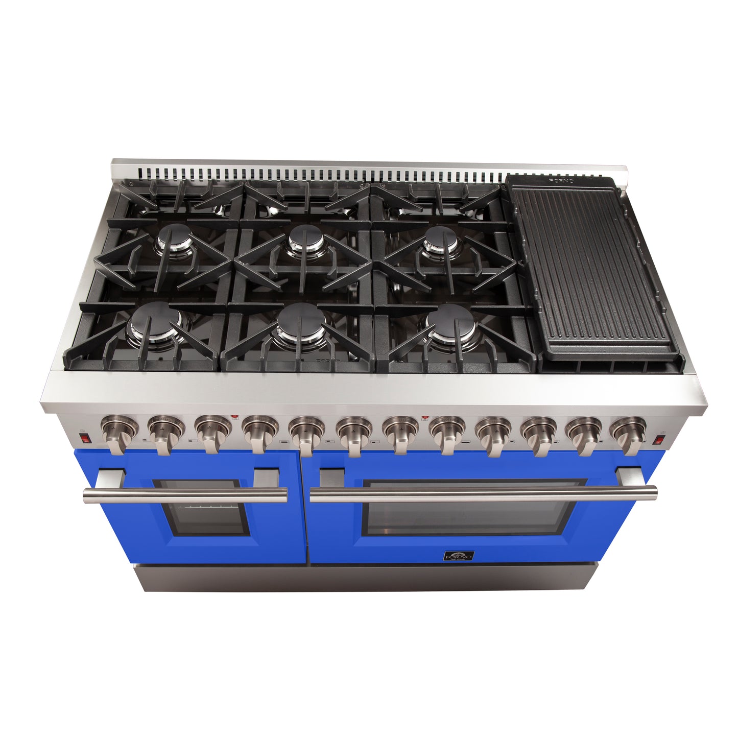 Cuisinière biénergie autoportante Forno Galiano de 48 pouces, 8 brûleurs, fours à double convection, portes bleues