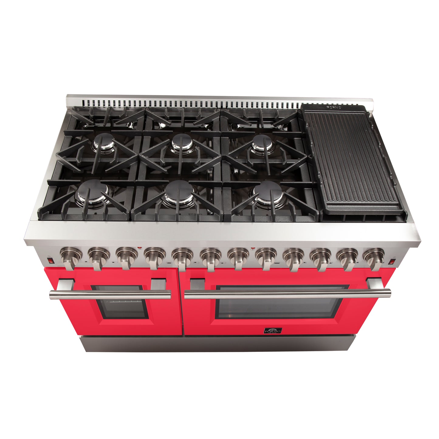 Cuisinière biénergie autoportante Forno Galiano de 48 pouces, 8 brûleurs, fours à double convection, portes rouges