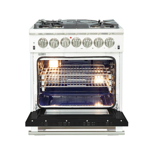 Forno Capriasca Cocina independiente de doble combustible de 30 pulgadas, 4 quemadores, horno de convección verdadera, puerta negra