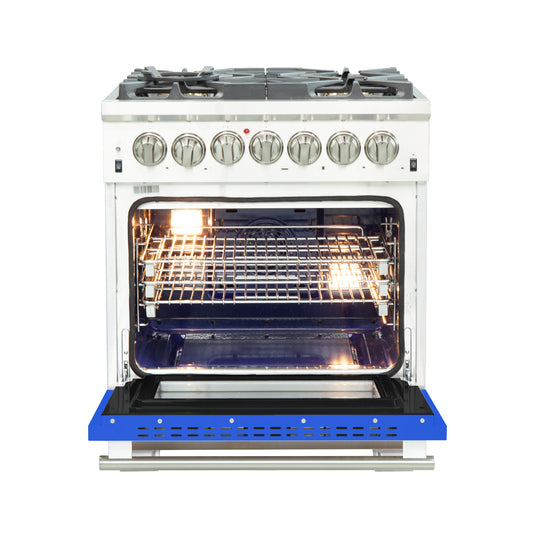 Forno Capriasca Cuisinière biénergie autoportante de 30 pouces, 4 brûleurs, four à convection véritable, porte bleue