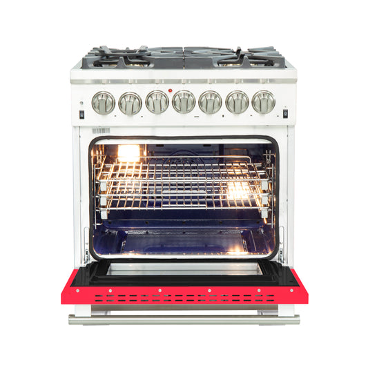 Forno Capriasca Cocina independiente de doble combustible de 30 pulgadas, 4 quemadores, horno de convección real, puerta roja