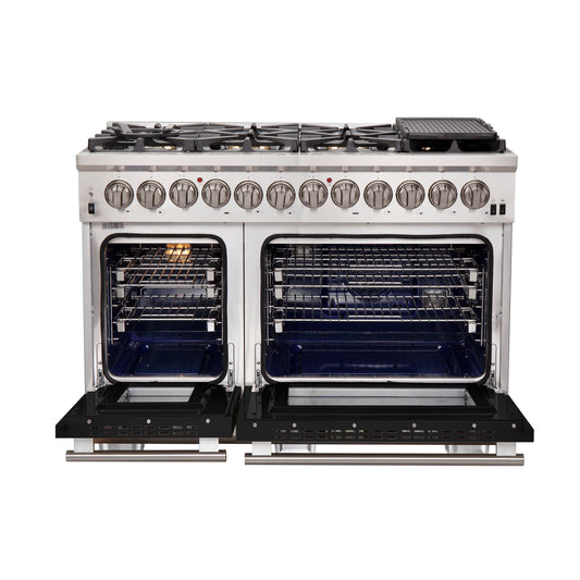 Forno Capriasca Cuisinière biénergie autoportante de 48 pouces, 8 brûleurs, four à convection véritable, portes noires
