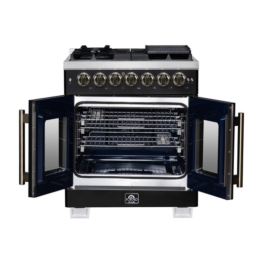 Forno Capriasca Cuisinière autoportante à double combustible de 30 pouces à porte française en noir avec accessoires en laiton antique, 5 brûleurs, four à convection véritable