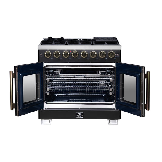 Forno Capriasca Cuisinière autoportante à double combustible de 36 pouces à porte française en noir avec accessoires en laiton antique, 6 brûleurs, four à convection véritable