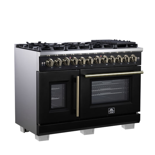 Forno Capriasca Cuisinière autoportante à double combustible de 48 pouces à porte française en noir avec accessoires en laiton antique, 8 brûleurs, four à convection véritable