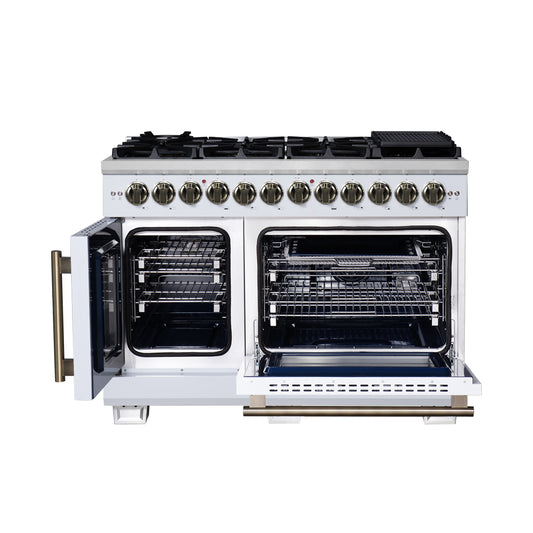 Forno Capriasca Cuisinière autoportante à double combustible de 48 pouces à porte française en blanc avec accessoires en laiton antique, 8 brûleurs, four à convection véritable