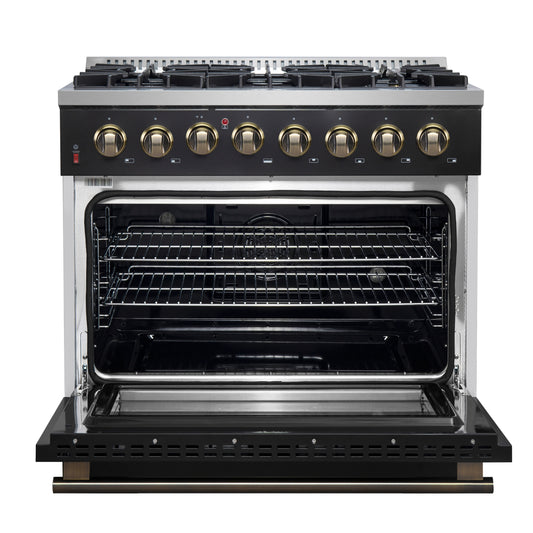 Cuisinière mixte Forno Galiano 36 pouces, noire & Design en laiton antique, 6 brûleurs scellés 83 000 BTU, 5,36 cu.ftFour à convection véritable