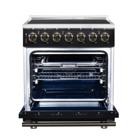 Massimo 30 Inch Freestanding Electric range, 5 radiant burners, 4.32 cf. True Convection oven, Air fryer kit, Black - Forno Appliances