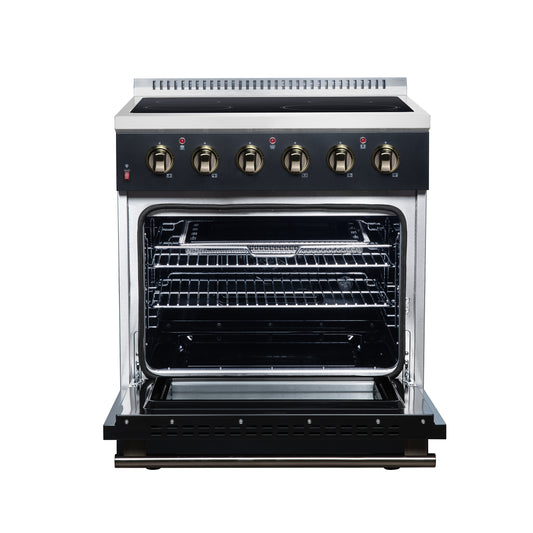 Galiano 30 Inch Freestanding Electric range, 4 radiant burners, 4.32 cf. True Convection oven, Air fryer kit, Black - Forno Appliances