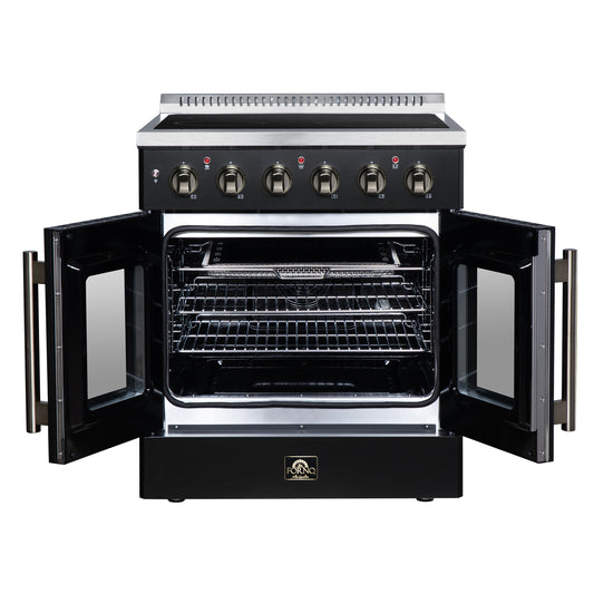 Galiano 30 Inch French Door Electric range, 4 radiant burners, 4.32 cf. True Convection oven, Air fryer kit, Black - Forno Appliances