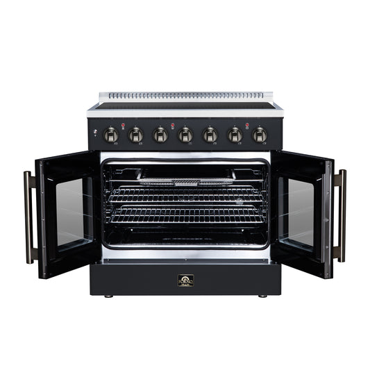 Galiano 36 Inch French Door Electric range, 5 radiant burners, 5.36 cf. True Convection oven, Air fryer kit, Black - Forno Appliances