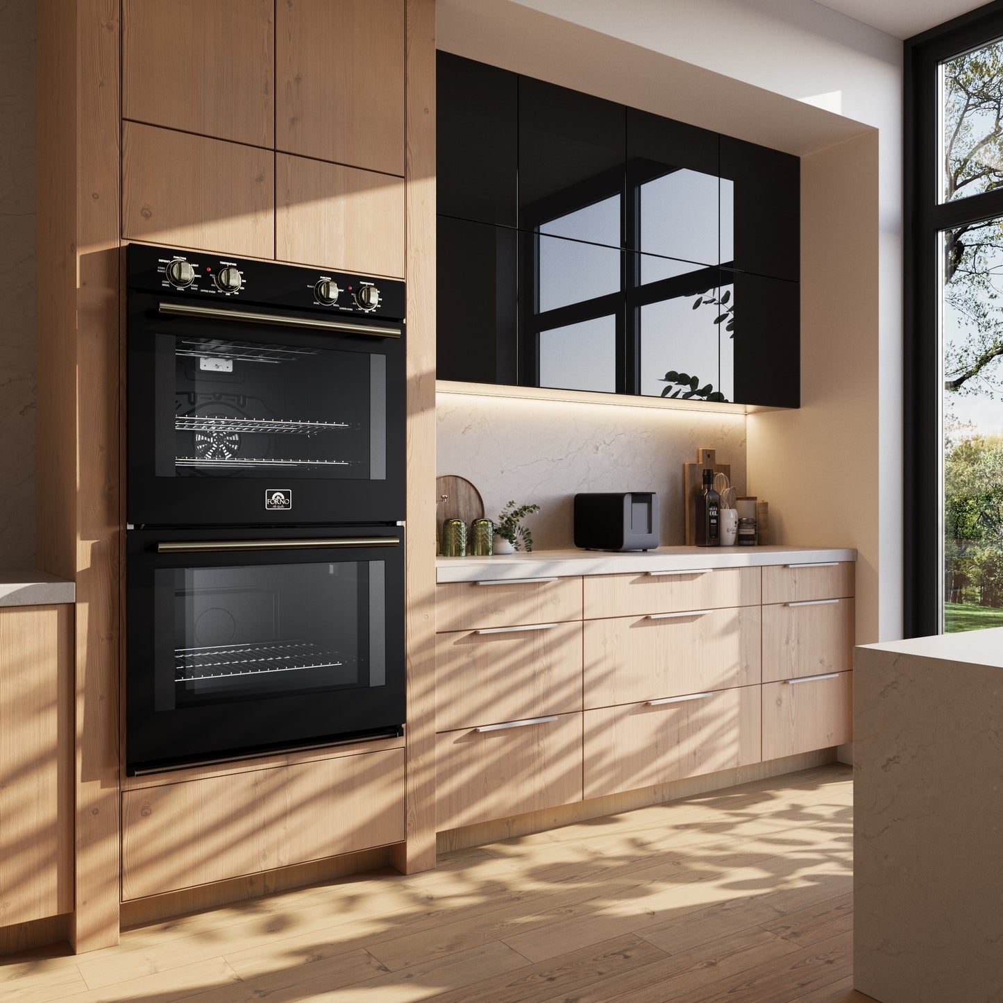 Four mural double Forno Vomero 30 pouces, noir, 10 cu.ft Capacité totale : 7 100 W, convection, commandes mécaniques, nettoyage vapeur manuel