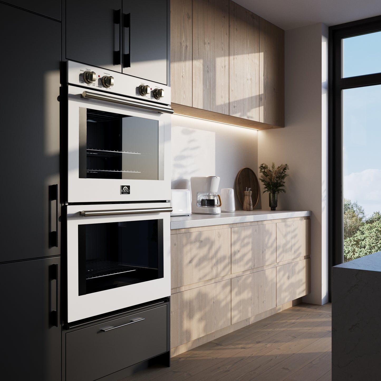 Four mural double Forno Vomero 30 pouces, blanc, 10 cu.ft Capacité totale : 7 100 W, convection, commandes mécaniques, nettoyage vapeur manuel