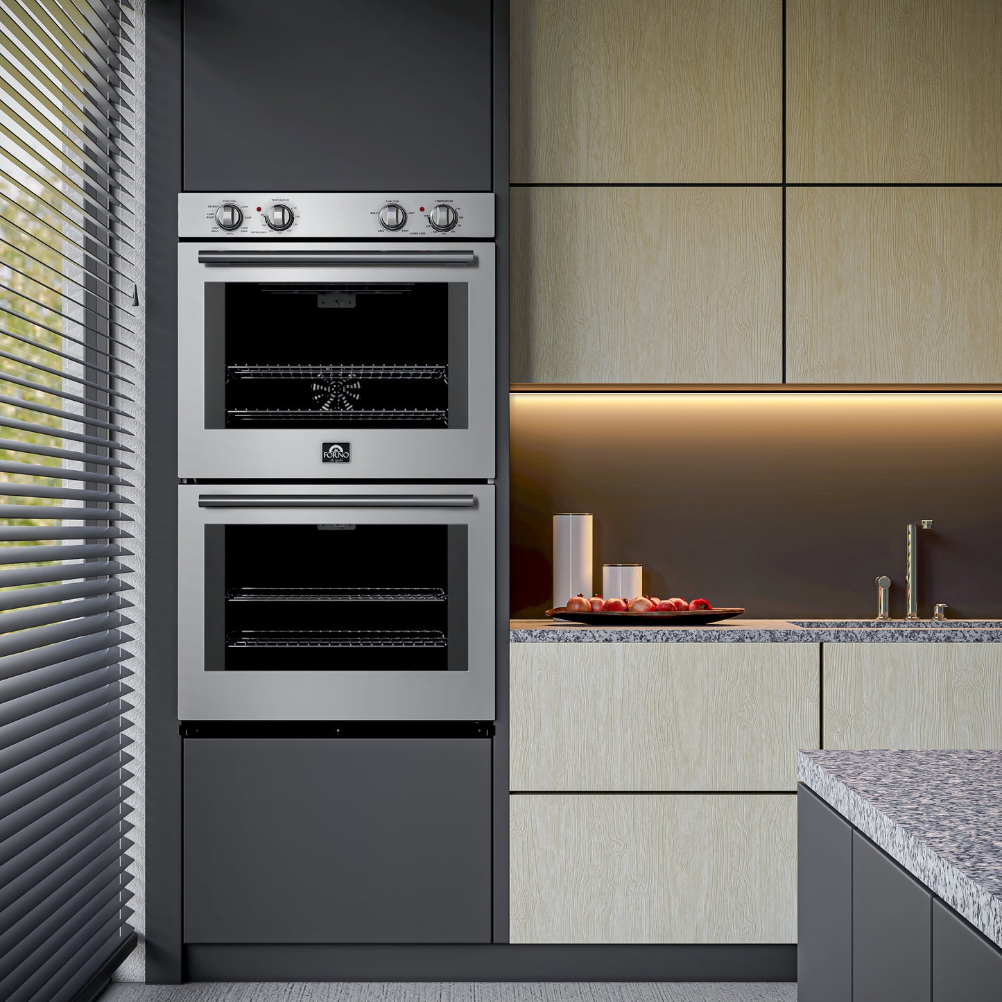 Four mural double Forno Vomero de 30 po, acier inoxydable, capacité totale de 10 pi³, convection de 7 100 W, commandes mécaniques, fonction autonettoyante