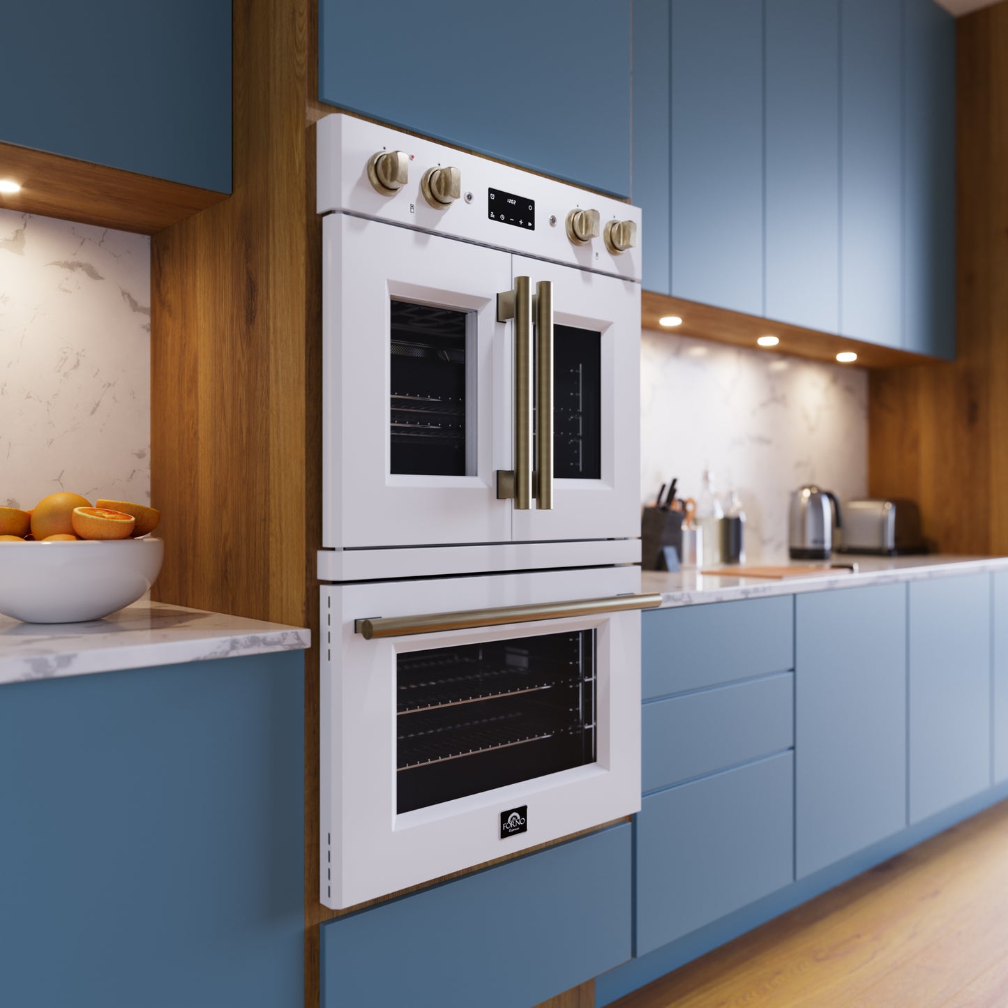 Horno de pared eléctrico doble Forno Asti de 30 pulgadas con puertas francesas superiores en blanco y latón antiguo, 7.36 pies cúbicos, doble convección real, 7200 W, freidora de aire, sous vide, autolimpieza