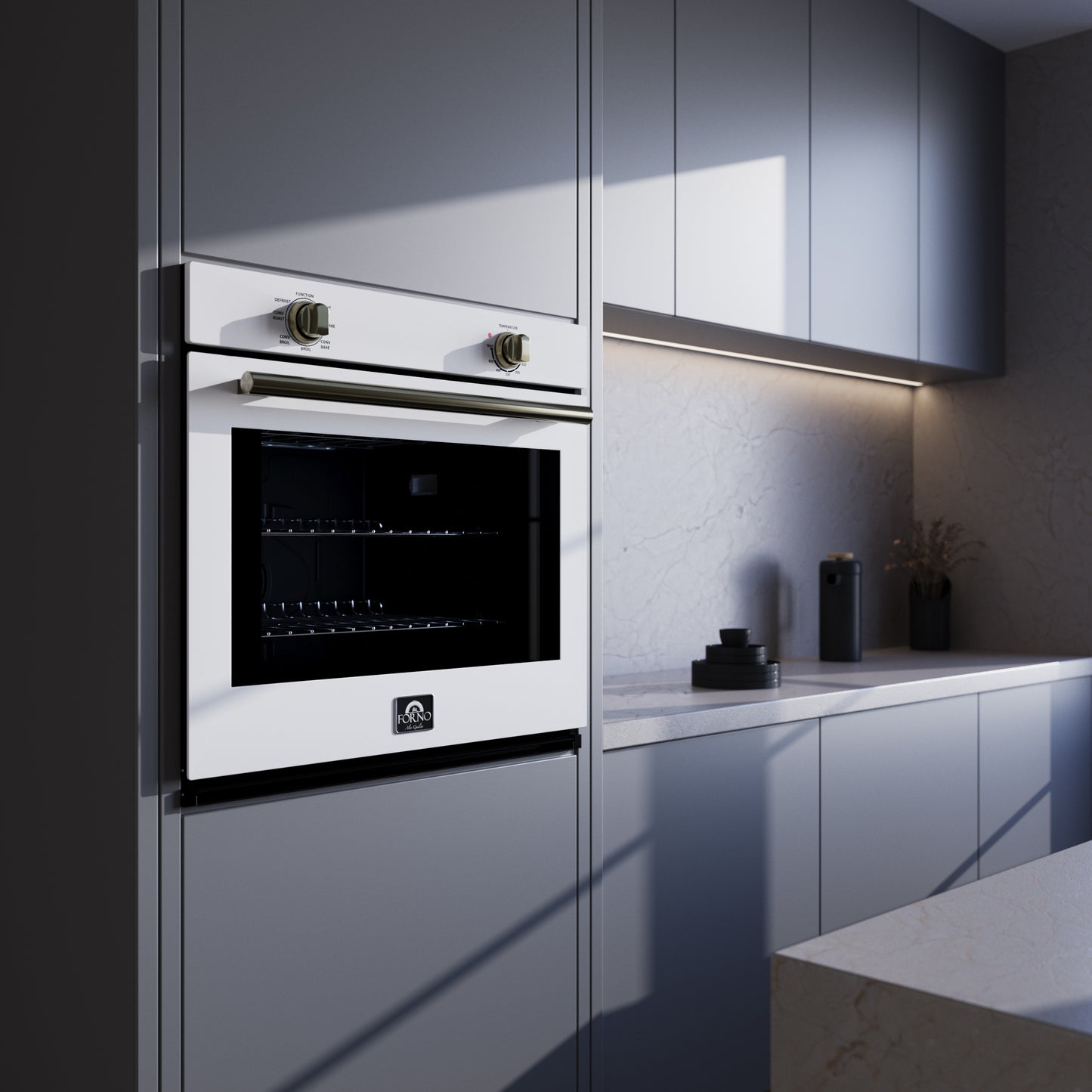 Forno Vomero Horno de Pared de 30 Pulgadas, Blanco, Capacidad de 5 pies cúbicos, 3550 Vatios Convección, Controles Mecánicos, Limpieza a Vapor Manual