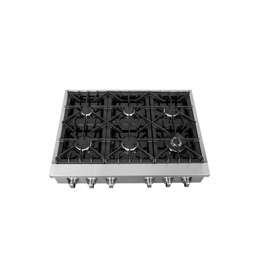 Forno Cossato Alta Qualita Table de cuisson à gaz de style professionnel de 36 pouces, acier inoxydable, 6 brûleurs scellés, puissance totale de 83 000 BTU, grilles continues en fonte