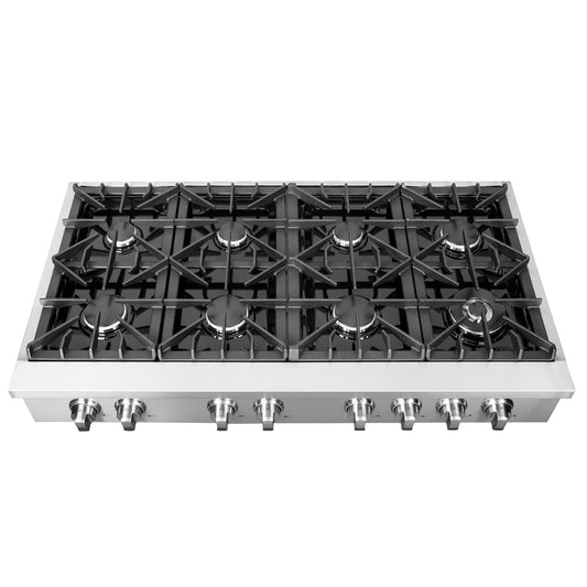 Forno Cossato Alta Qualita Table de cuisson à gaz de style professionnel de 48 pouces, acier inoxydable, 8 brûleurs scellés, puissance totale de 107 000 BTU, grilles continues en fonte