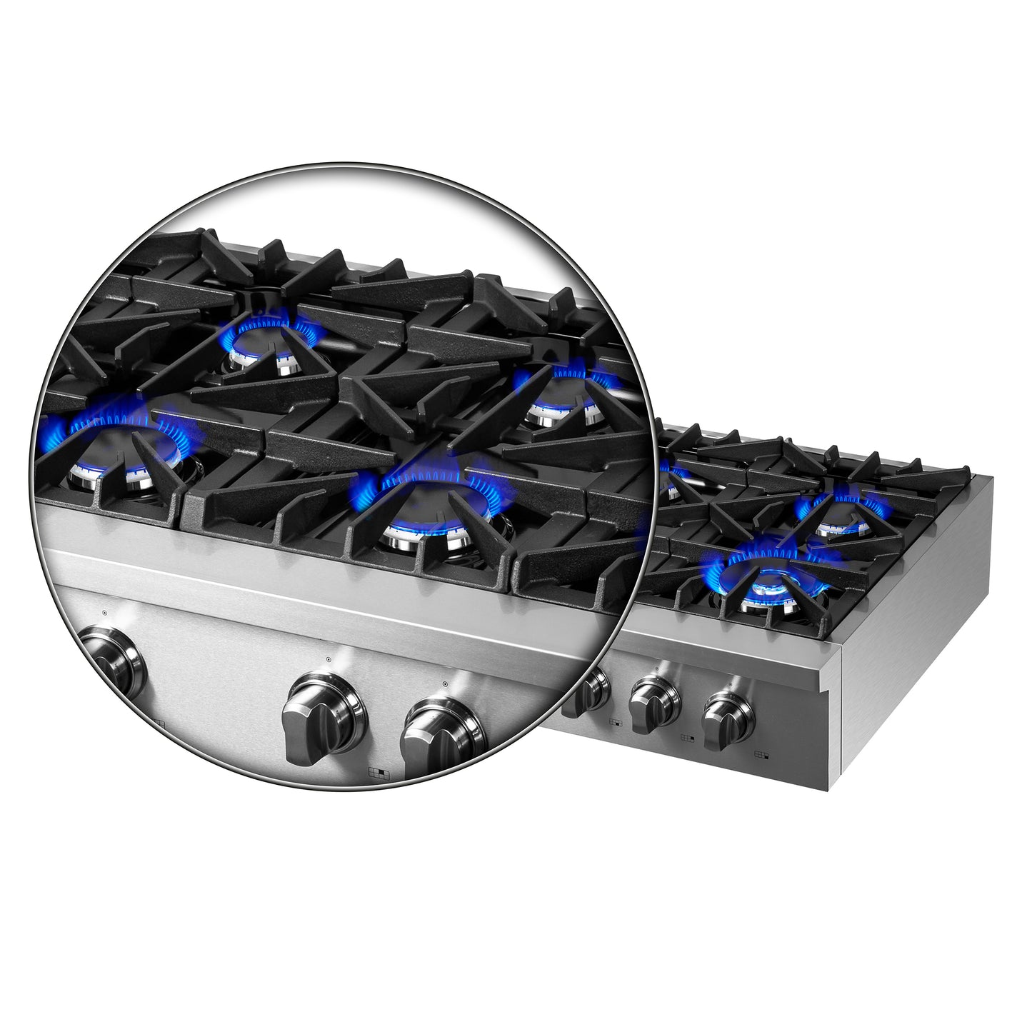 Estufa a gas Forno Cossato Alta Qualita de 48 pulgadas, estilo profesional, de acero inoxidable, con 8 quemadores sellados, potencia total de 107 000 BTU y rejillas continuas de hierro fundido.