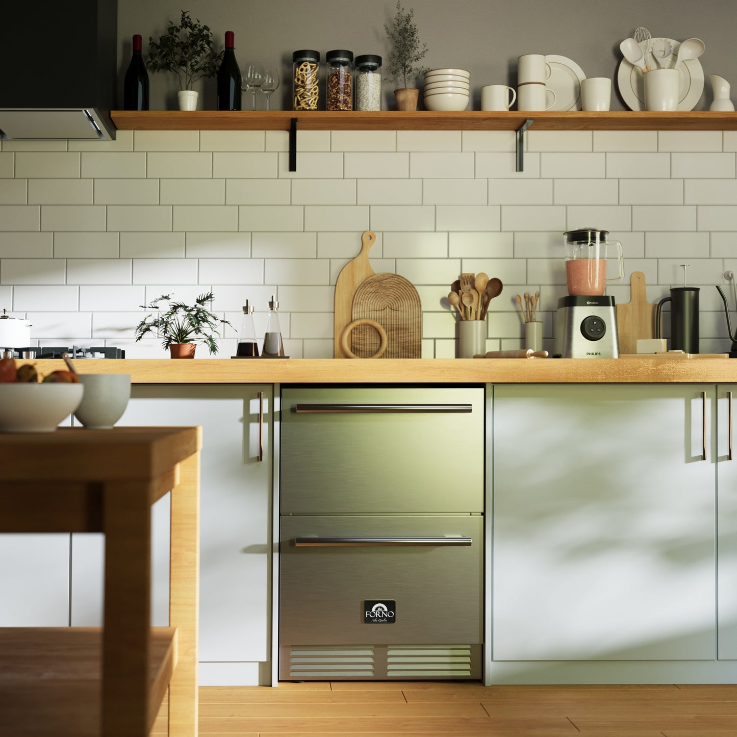 Forno Como Réfrigérateur à tiroir intérieur et extérieur de 24 pouces, 4,87 cu.ftIntérieur en acier inoxydable, étagères réglables, éclairage LED