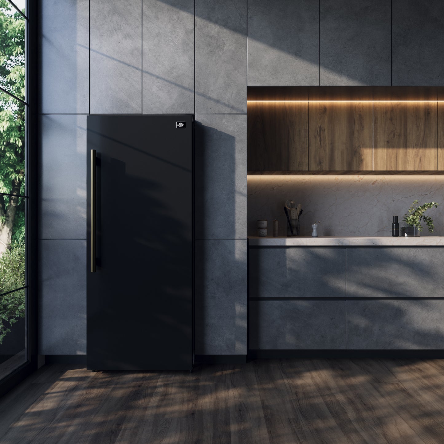 Congelador/refrigerador convertible Forno Maderno de 28 pulgadas en negro con manija de latón antiguo, 13.6 pies cúbicos, apertura a la derecha