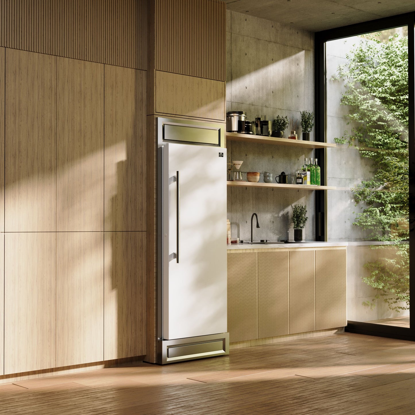 Réfrigérateur convertible encastrable Forno Maderno de 71 cm (28 pouces) blanc avec poignée en laiton antique, 13,6 cu.ftBalançoire droite avec grille décorative - 81 cm de large