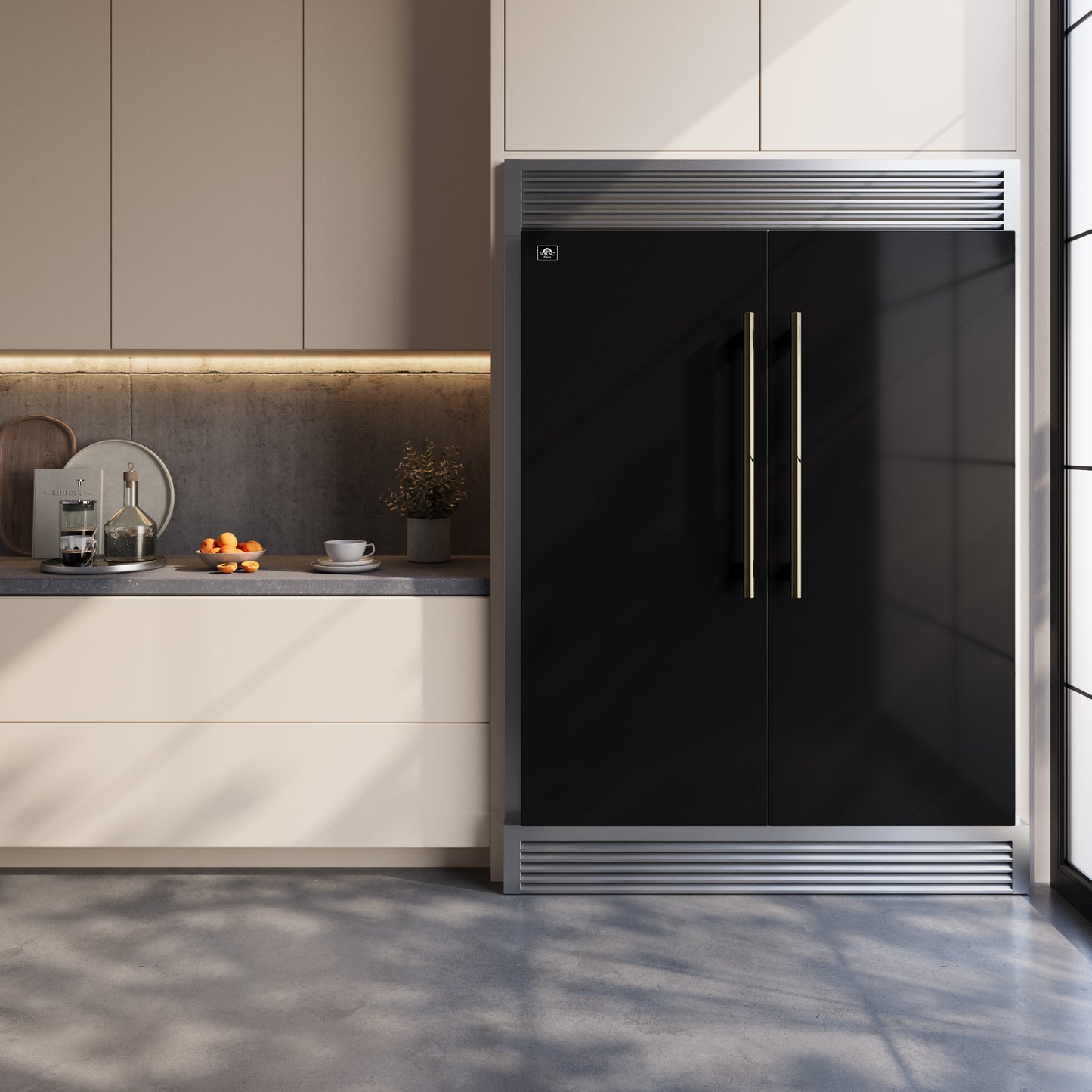 Refrigerador/congelador convertible Forno Maderno de 2,71 cm de ancho, color negro, con rejilla decorativa, 74,5 cm de alto, 213 cm de alto, certificación ENERGY STAR