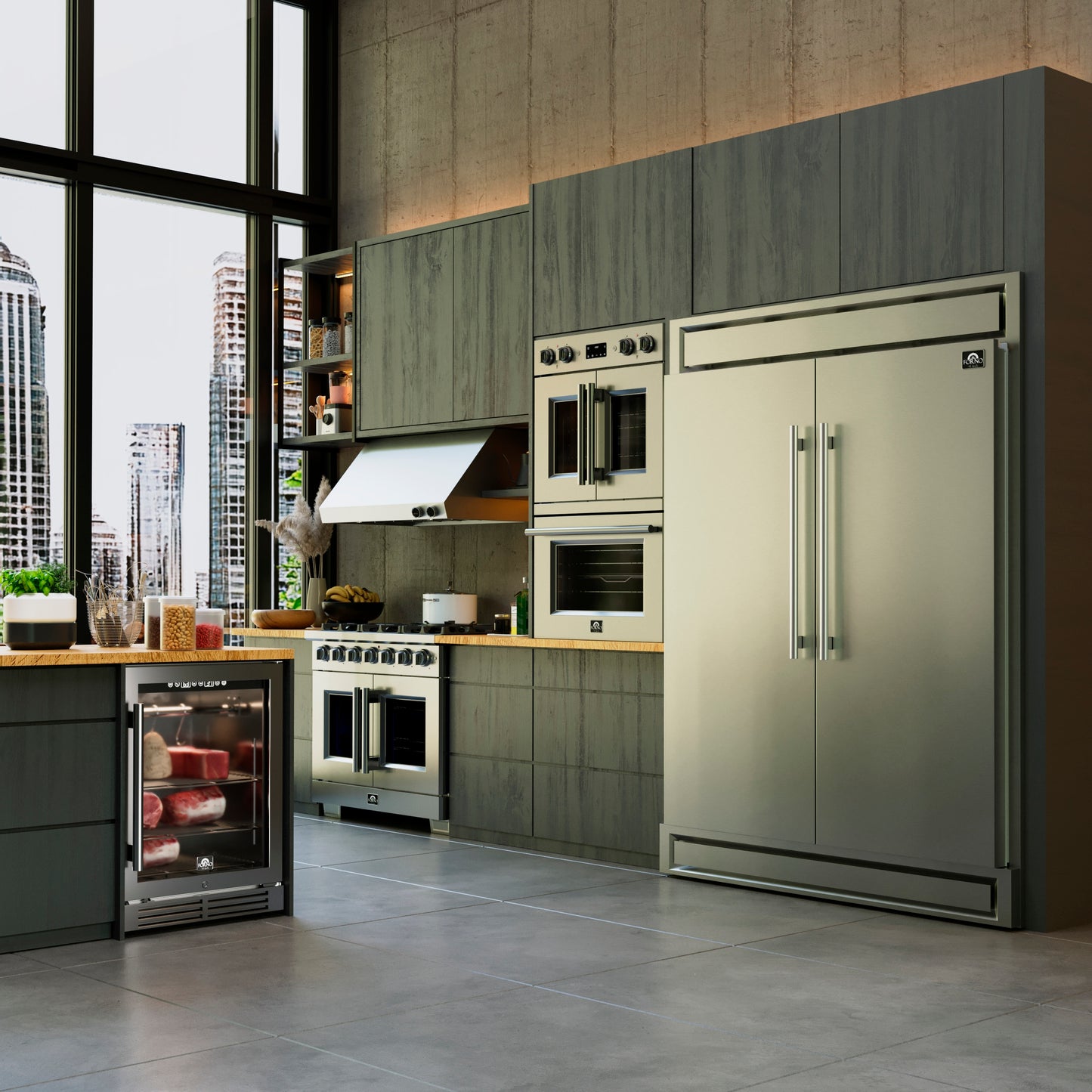 Armoire de vieillissement à sec Forno Asciutto de 24 pouces, acier inoxydable 304, 4,41 pi³, éclairage DEL, étagères réglables