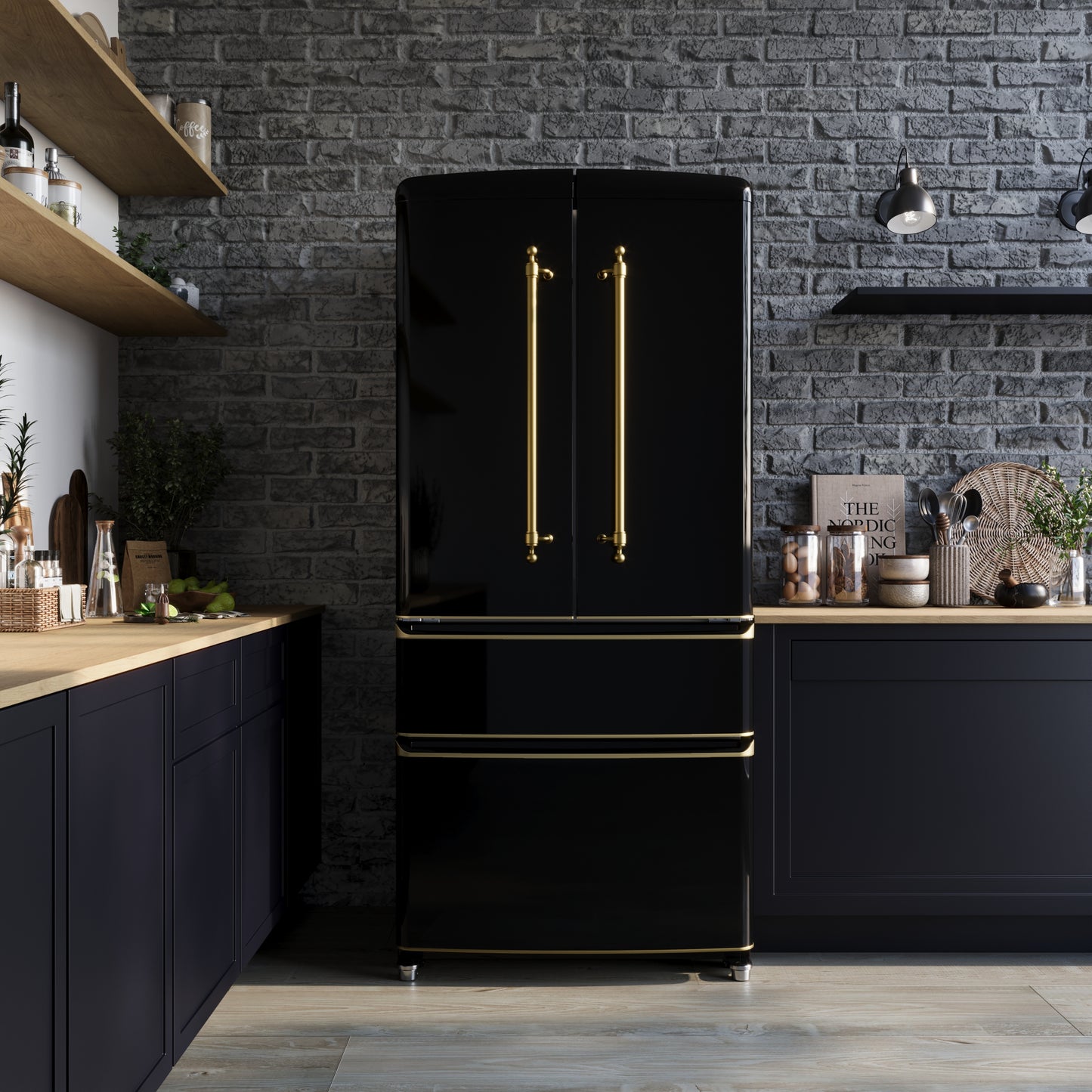 Réfrigérateur à portes françaises Forno Luigi 33 pouces, 18 cu.ftFinition noire, poignées en laiton antique, certifié ENERGY STAR