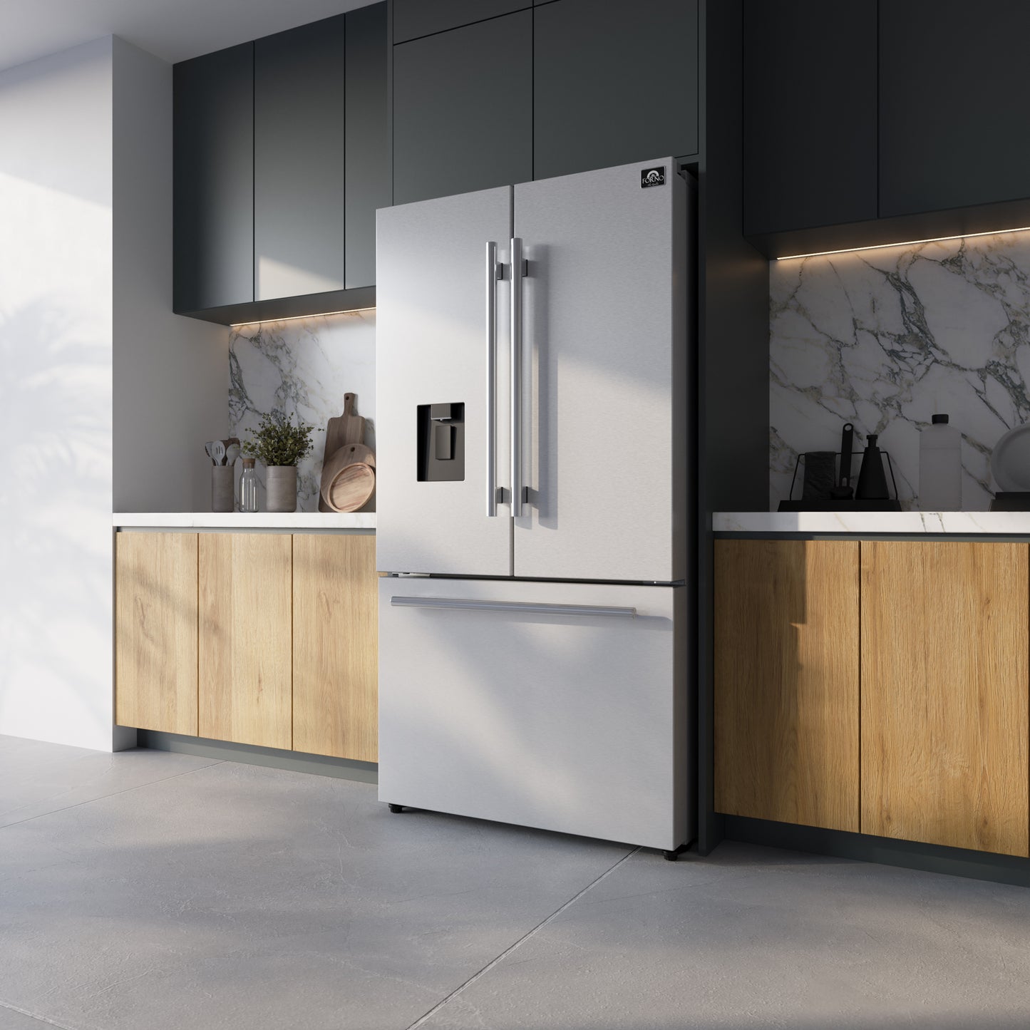 Refrigerador Forno Aosta de 36 pulgadas con puerta francesa, acero inoxidable, 22.4 pies cúbicos, dispensador de agua externo, máquina de hielo automática, certificación ENERGY STAR